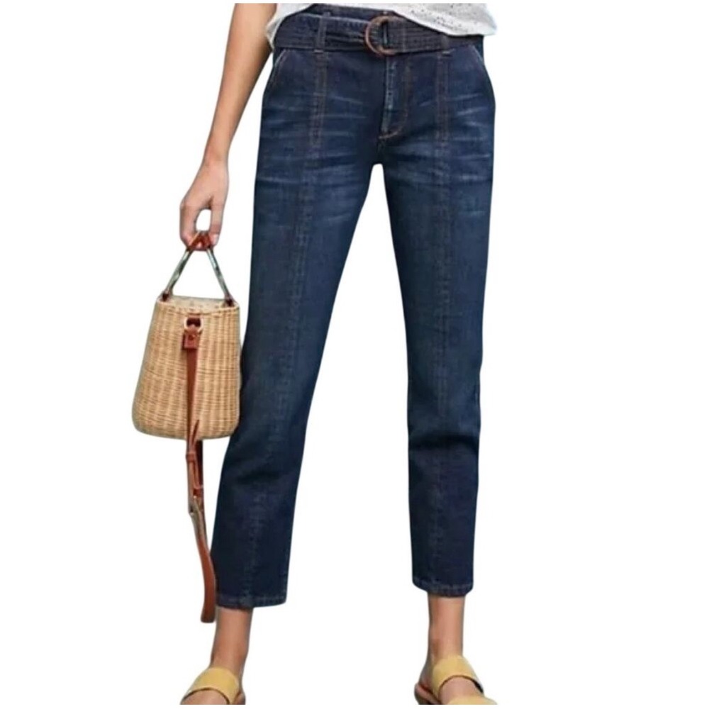 NWT Pilcro Anthropologie High Rise Trouser Denim Pants Jeans Slim Straight Belt‎